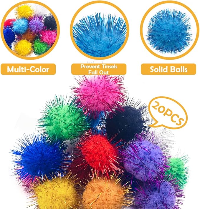 PET SHOW 20pcs Cat Sparkle Ball for Indoor Cats 1.77 Inch Assorted Color Glitter Kittens Toy Balls Cat Chase Pom Pom Balls for Cats-Mewly Pet