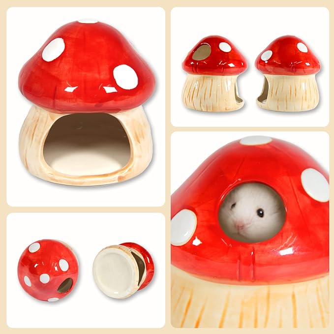 Ceramic Mushroom Guinea Pig House Hamster Hide Bed Includes Hamsters Food Bowl Guinea Pig Hideout for Hamster Chinchilla Hedgehog Rat Small Animals(Red Mushroom Set)-Mewly Pet