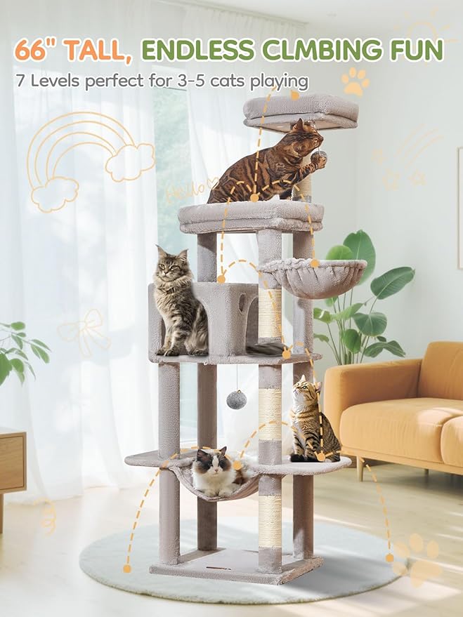 Taoqimiao MS042W Cat Tree,66-inch Large Cat Tower with Scratching Posts, Luxurious Large Platform for Big Cats with Soft Hammock, Adjustable Basket, Deluxe Cat Cando, Top Perch Light Gray-Mewly Pet