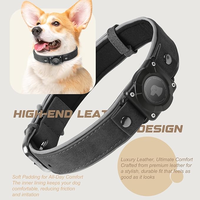 AirTag Dog Collar - Leather Dog Collar with Air Tag Holder | IPX8 Waterproof, Reflective, High - End, Adjustable Soft Padded | Dog GPS Tracker Collars Fit for Medium Large Dogs (Black, L)-Mewly Pet