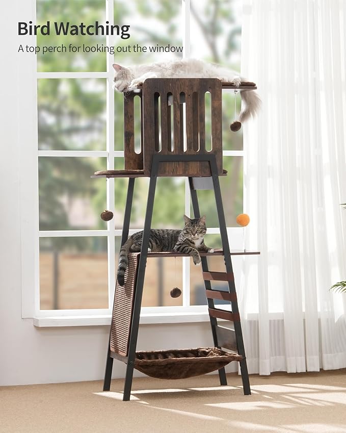 FourFurPets Modern Cat Tree, 58-Inch Cat Tower for Large Cats, Maine Coon Cat Tree with Scratching Board, Large Perch, Hammock and Removable Pads, Rustic Brown-Mewly Pet