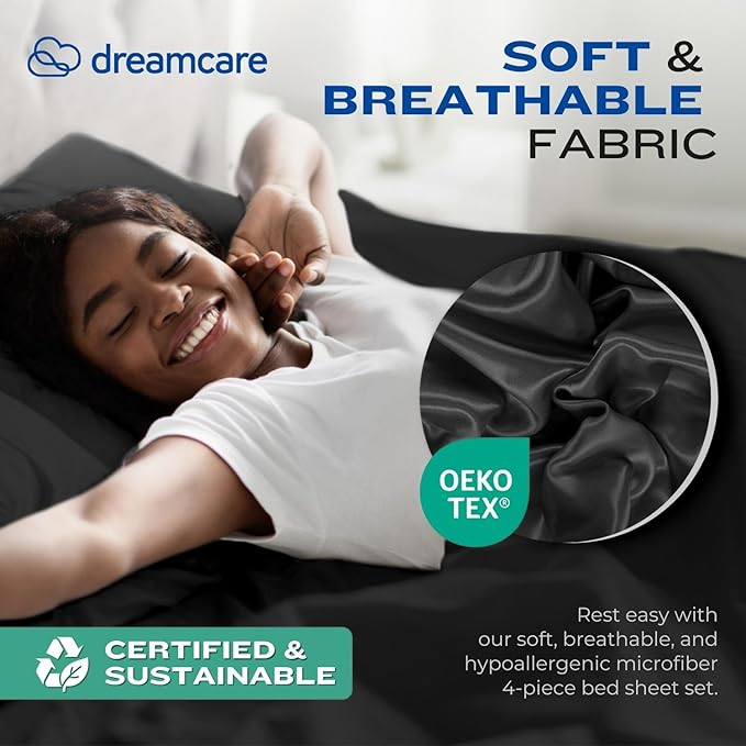DREAMCARE California King Sheet Sets - Cooling Bed Sheets - 4pcs Set - up to 15" Deep Pocket Cal King Sheets - California King Sheets - Soft & Lasting 100% Brushed Polyester with Side Pocket - Black