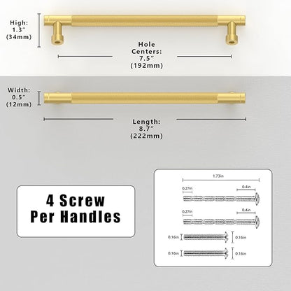 10 Pack Brushed Gold Knurled Cabinet Pulls 7.5 Inch(192mm) Kitchen Cabinet Handles Solid Zinc Alloy Cabinet Hardware Drawer Pulls