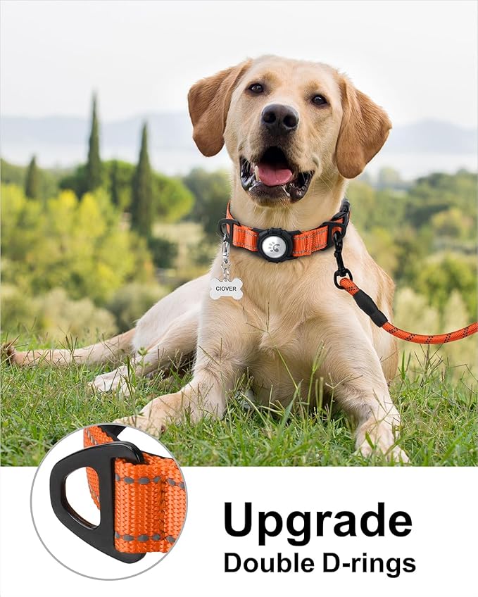 TagME Airtag Dog Collar,Waterproof Reflective Pet Collar with Airtag Holder,Soft Padded and Double D-Rings for Large Dogs,Orange-Mewly Pet