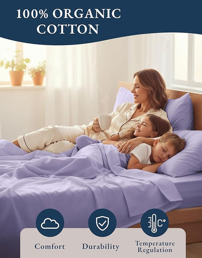 LANE LINEN 100% Organic Cotton Fully Elasticized King Sheet Set, Low Pilling Fade Resistant Machine Washable Naturally Cooling King Bedding Set, Soft & Comfy Cotton Sheets - Orchid Petal