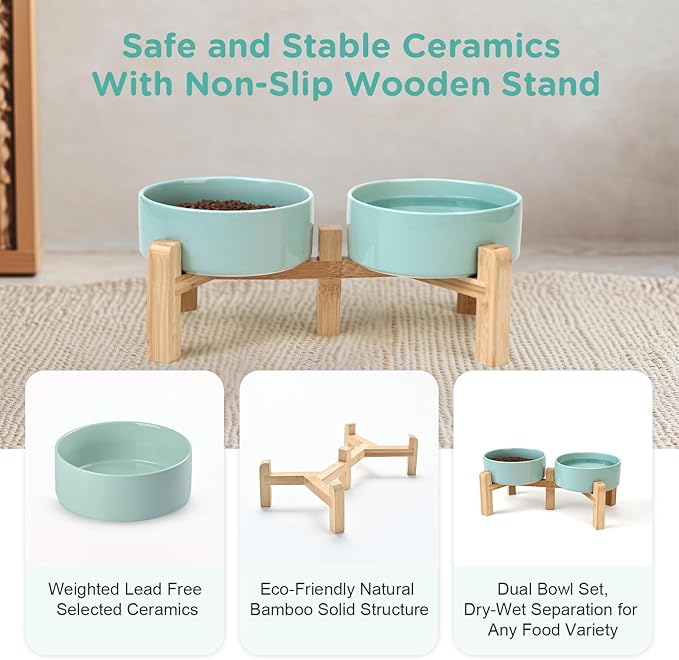 SPUNKYJUNKY Elevated Dog Bowls Ceramic, 5.1'' Dogs and Cat Food Water Bowls Raised with Non-Slip Bamboo Stand for Puppy Small Sized Breed Microwave Dishwasher Safe - 13.5 OZ,Light Green-Mewly Pet