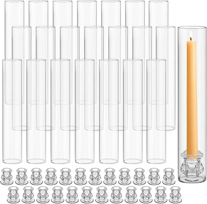 24 Set Christmas Glass Hurricane Candle Holders 12.6" Open Ended Glass Candleholder Tube Shape Bottomless and 2.2" Taper Clear Candlestick Holders for Wedding Party Table Centerpiece (Clear)