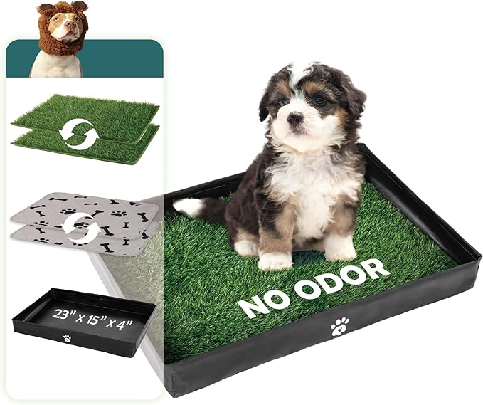 MEEXPAWS Dog Grass Pad with Foldable Dog Litter Box, Small Pee Pad Holder Foldable Liner Base High Side with Odor Free Artificial Grass for Puppy Potty Training Balcony, 2 PCS Reusable Pee Pads-Mewly Pet