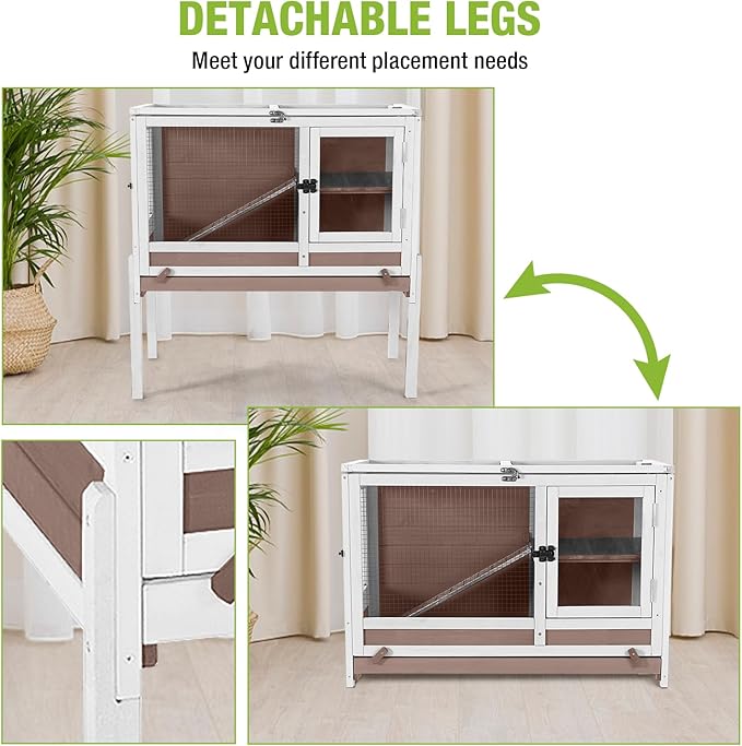 GUTINNEEN Rabbit Hutch Bunny House, 36.6" L Rabbit Cage with Anti Chewing Ramp, Guinea Pig Cage with Cooling Galvanized Sheet, Detachable Legs(Brown)-Mewly Pet