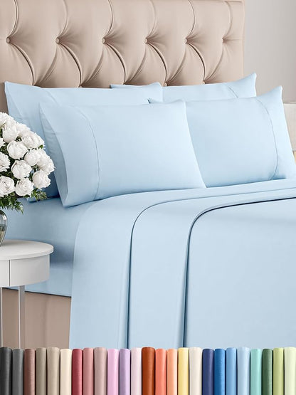 Full 6 Piece Sheet Set - Comfy Breathable & Cooling - Ultra-Soft Hotel Luxury Bedding Set with 8-16 Inch Deep Pockets - 1 Flat & 1 Fitted Sheet & 4 Pillowcases - Wrinkle Free & Easy Care - Baby Blue