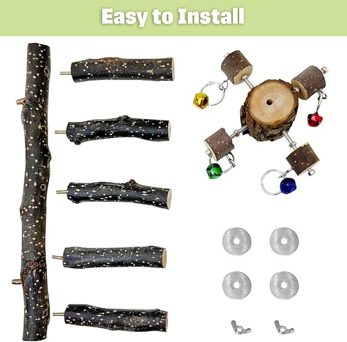 BNOSDM Natural Wood Bird Ladder Perch with Rotating Bell Toys-Exercise Stands for Parrot Climbing Chewing Parakeet Bridge Cage Accessories for Cockatiel, Conures, Lovebirds, Budgie-Mewly Pet