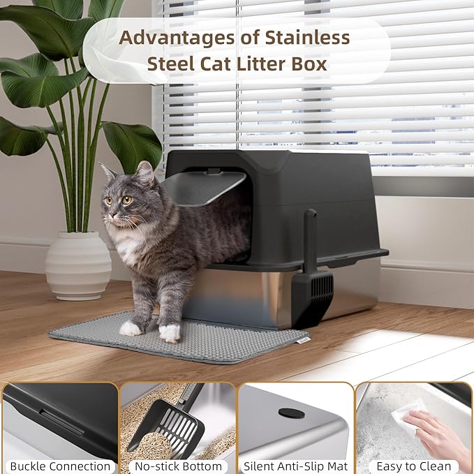 Stainless Steel Cat Litter Box with Lid, Extra Large, Great for Large & Small Cats, Easy to Clean, Anti-Leakage, Non-Sticky, Multifunctional 2 in-1 Metal Cat Litter Box - Black-Mewly Pet