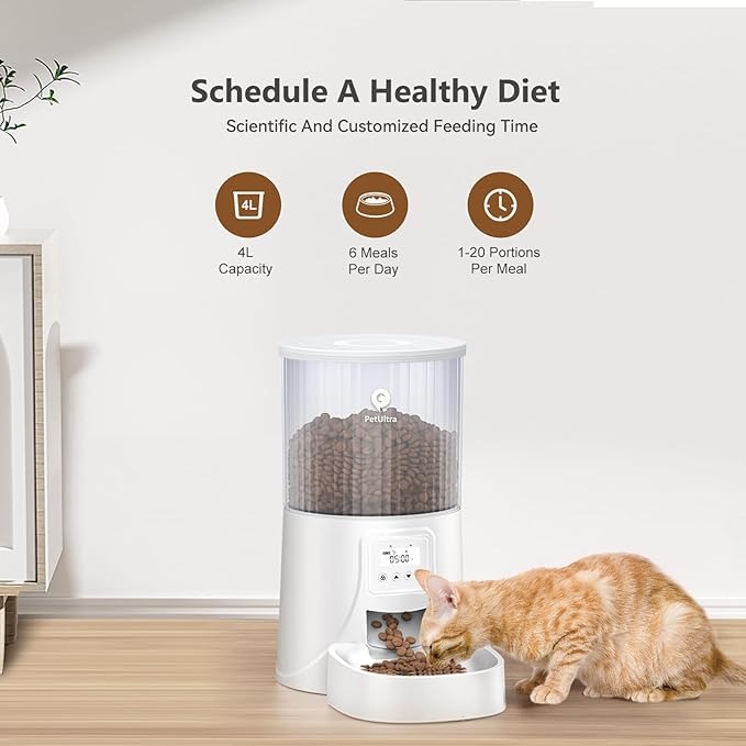 Automatic Cat Feeder: 4L Timed Cats Food Dispenser Programmable 1-6 Meal for Cat and Small Medium Dog- Auto Pet Feeder Dual Power Supply with Desiccant Bag& | Easy to Clean White-Mewly Pet