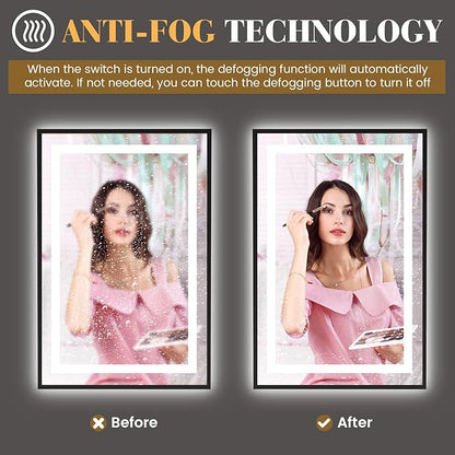 LED Bathroom Mirror,20"x28" Led Mirror with Black Frame, Front Light and Backlit, Stepless Dimmable, Anti-Fog, Shatter-Proof, Memory, 3 Colors, Double LED Vanity Mirror
