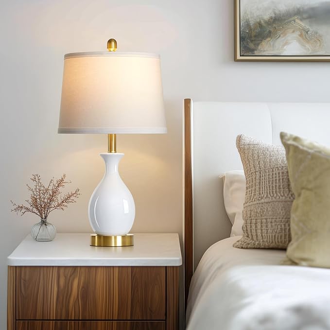 24" Bedside Table Lamp for Bedroom, Modern Classic Ceramic Lamp for Living Room, Small White Table Lamps for Nightstand & End Table (1 Pack)