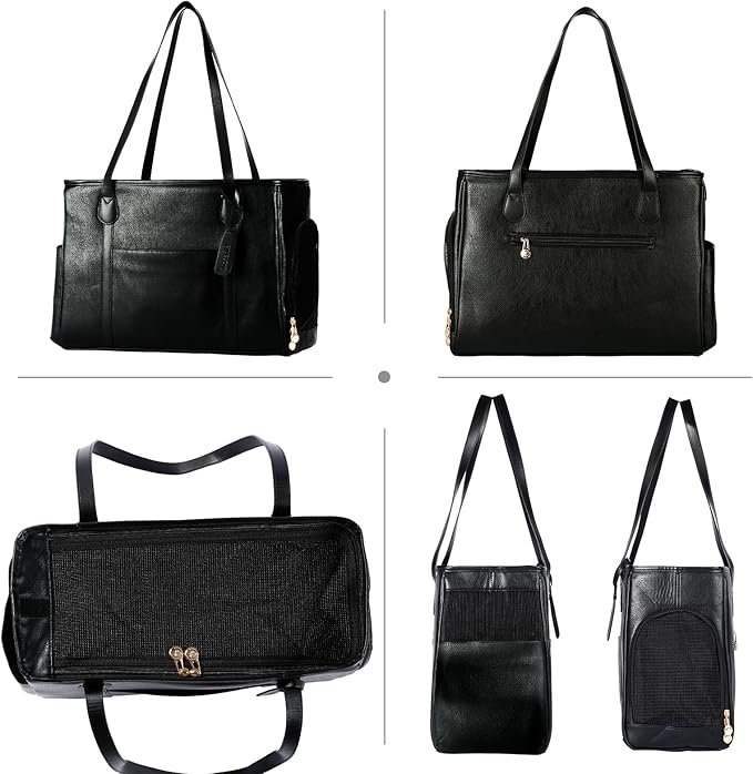 Stylish Dog Purse Carrier, Leather Pet Carrier Bag for Small Dogs Cats Puppy, Airline Approved Soft-Sided Carrier Black-Mewly Pet