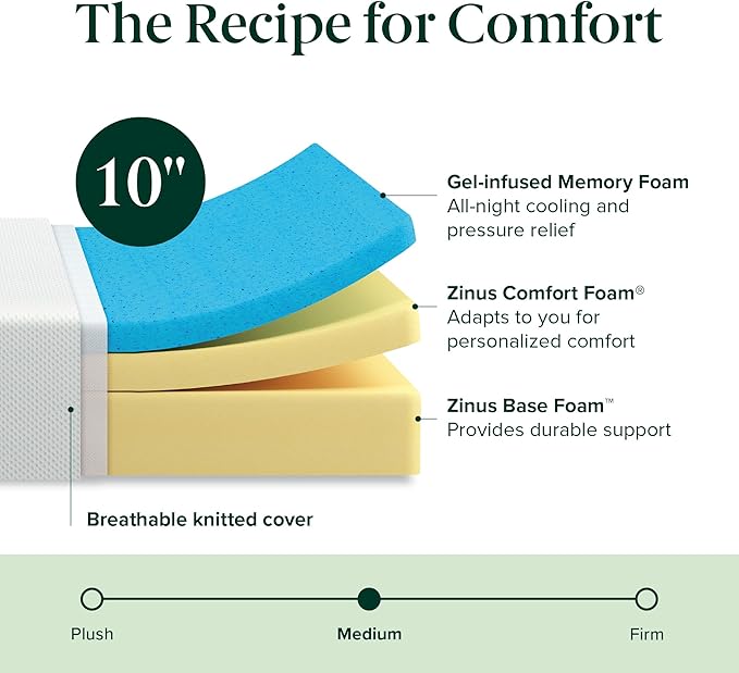 ZINUS 10 Inch Green Tea Cooling Memory Foam Mattress [New Version], Twin, Fiberglass Free, Medium Firmness, Cooling Gel Foam, Certified Safe Foams & Fabric, Mattress in A Box
