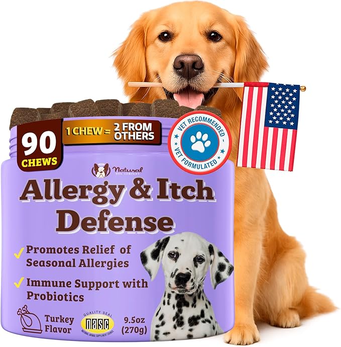 Natural Dog Company Allergy & Itch Defense Chews – Allergy Support for Dogs, Itch Relief, Skin, Coat & Gut Health with Probiotics, Colostrum & Salmon Oil, Grain-Free Dog Supplement, 90 ct-Mewly Pet