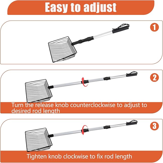 Esmorah Chicken Poop Scooper for Sand & Coop Cleaning - Sifting Shovel with 22"-40" Adjustable Handle, 3 Lengths Heavy Duty Stainless Steel Sifter-Mewly Pet