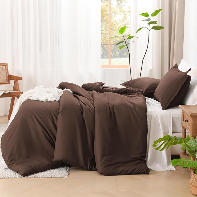 Litanika Comforters Brown Super King Plus Size, 3 Pieces Lightweight Solid Bedding Set & Collections, All Season Fluffy Bed Set (128x120In Comforter & 2 Pillowcases)