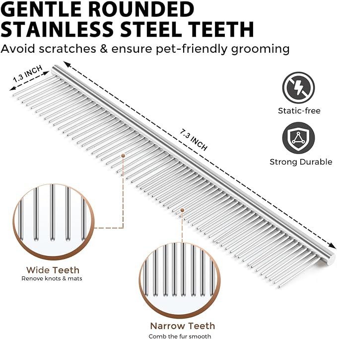 Dog Slicker Brush for Shedding and Grooming Medium or Long Haired Cats, Extra Long & Soft Pin Slicker Brush for Removes Loose Hair, Tangles, Knots, Undercoat, Free Pet Comb, Large, Oak-Mewly Pet