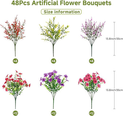 SHareconn 48 Bundles Artificial Flowers for Outdoors Decoration, Faux Plants Fake Silk Colorful Daisy Eucalyptus Lavender, UV Resistant for Outside Home Porch Patio Indoor Spring Decor, Mix 3 Colors