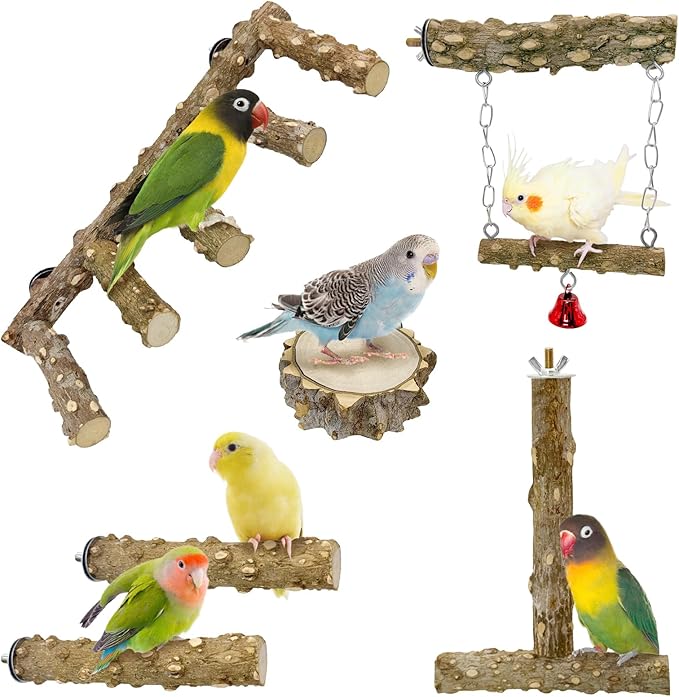 BNOSDM Natural Wood Bird Ladder Perch 6Pcs Parrot Stand Branches Climbing Chewing Stick Parakeet Swing Toys Cage Accessories Paw Grinding Fork Sets for Lovebirds Cockatiels Conure Budgies-Mewly Pet