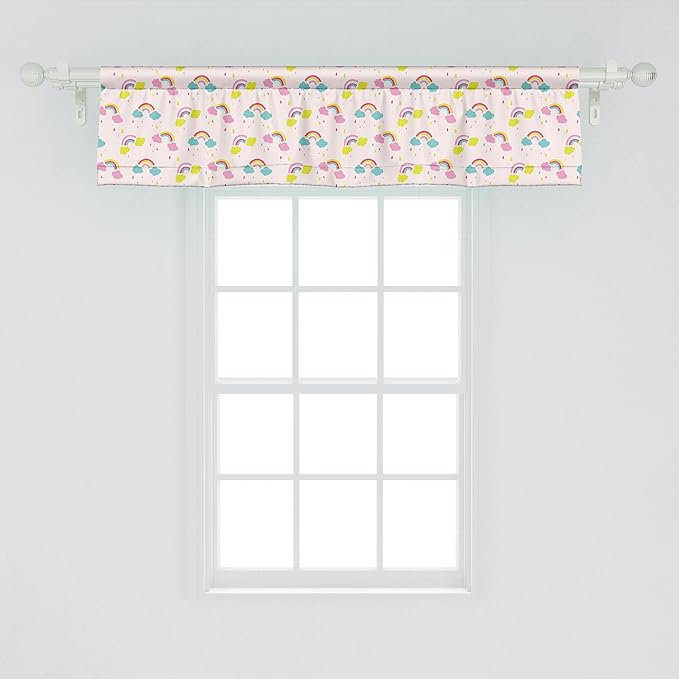 Ambesonne Cartoon Window Valance, Pastel Rainbows Clouds Raindrops Sky Theme, Curtain Valance for Kitchen Bedroom Decor with Rod Pocket, 42" x 12", Rose and Multicolor