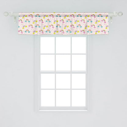 Ambesonne Cartoon Window Valance, Pastel Rainbows Clouds Raindrops Sky Theme, Curtain Valance for Kitchen Bedroom Decor with Rod Pocket, 42" x 12", Rose and Multicolor