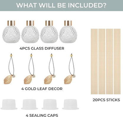 4Pcs Reed Diffuser Set with Metal Golden Decoration, 3.5oz Empty Reed Diffuser Bottles with 20Pcs Reed Diffuser Sticks, Unique Design Bottles for Home and Office(Spiky Ellipsoidal)