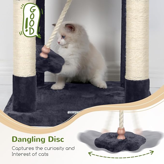 Globlazer Cat Tree, 70 inch Tall Scratching Tower Multi-Level Cat Condo for Indoor Multiple Cats with 2 Large Cat Caves, Top Perch, Large Platform, Bottom Swing, F70B, Dark Grey-Mewly Pet
