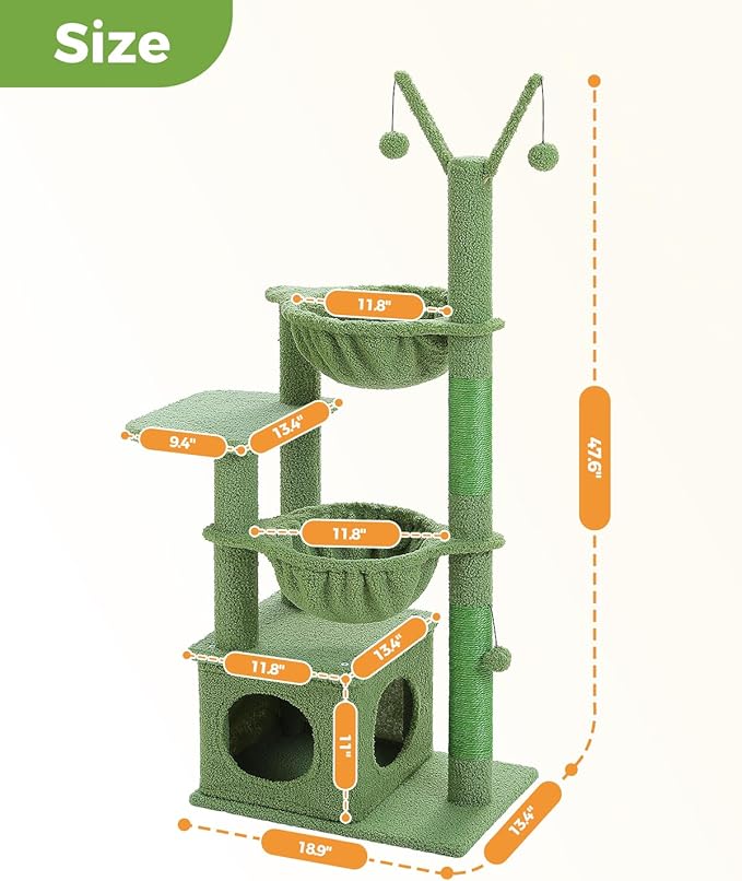 Cactus Cat Tree, 47.6" Cat Tower with 2 Metal Frame Hammock, Cat Scratching Post for Indoor Cats with 2 Removable Pompom Sticks for Kittens, Green-Mewly Pet