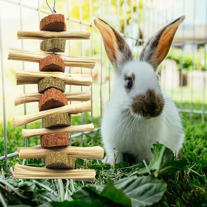 kathson 4 Pcs Bunny Chew Toys for Teeth,Rabbit Hanging Chew Toy Grinding Natural Sweet Bamboo Sticks with Timothy Hay Grass and Carrot Cake for Improve Rodent Small Animals Dental Health-Mewly Pet