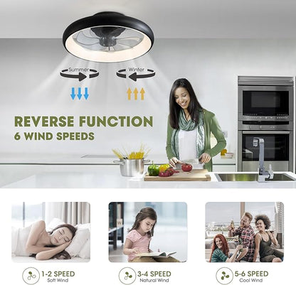 Ceiling Fans with Lights 20'' Flush Mount Fan Remote & APP Control Black Low Profile 6 Wind Speeds Smart Dimmable LED for Bedroom Living Room (Y1095-BK-ELE)
