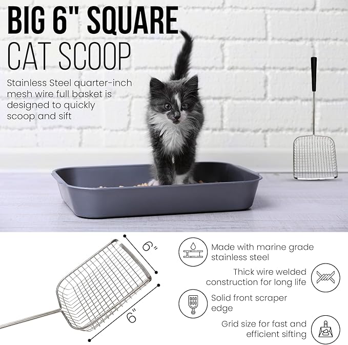 Sand Dipper Cat Poop Scooper & Chicken Poop Scooper - Rugged Big 6" Square Stainless Steel Long Handle for Home Kitty Litter Scoop & Farm Chicken Coop Scooper (Mid-Adjustable)-Mewly Pet