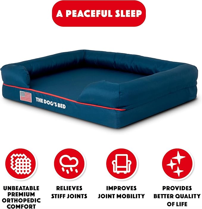 The Dog’s Bed, Medium Blue Oxford with Red Trim USA Flag Dog Bed 30x23.5, Memory Foam, Pain Relief, Post Surgery, Lameness, Supportive, Calming, Waterproof Washable Cover Cover, Veterinary Approved-Mewly Pet