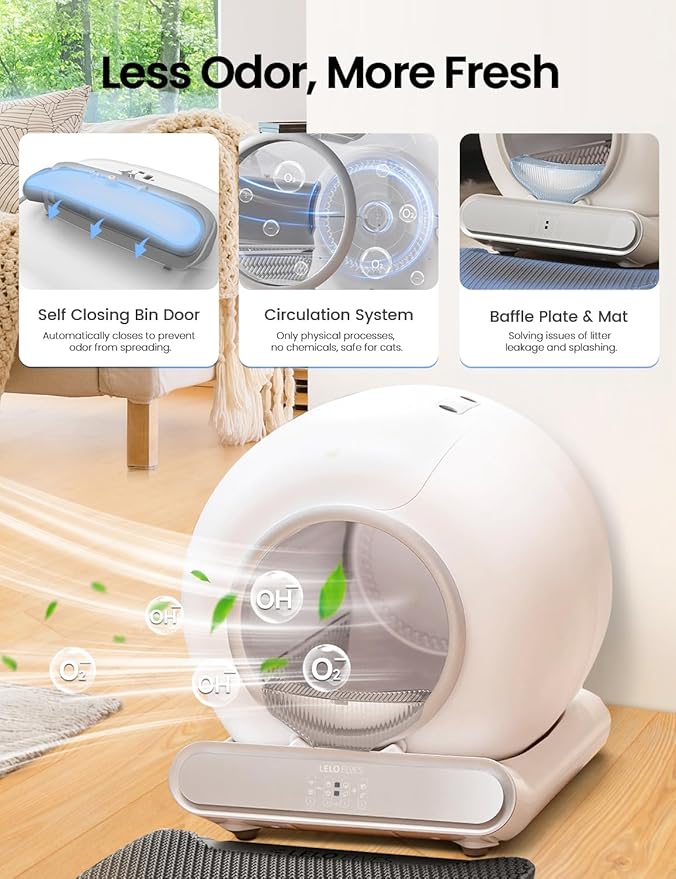Self Cleaning Cat Litter Box, Ultra-Safe Protection Automatic Cat Litter Box, APP Control/Lower Entry/Large Capacity with 3 Rolls Liners & Mat LELOPETS-Mewly Pet