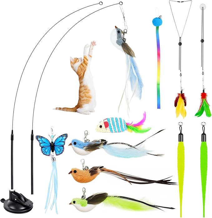 HONGDDY Interactive Bird Simulation Cat Toys，4 in 1 Cat Toys for Indoor Cats, 4 Replacement Birds，Hanging Door Kitten Wand with Suction Cup Removable Feathers Balls Mice Butterfly Streamers-Mewly Pet