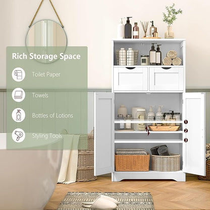 WEENFON Bathroom Cabinet with Adjustable Shelf, Storage Cabinet with 2 Doors & 2 Drawers, Cupboard, for Living Room, Hallway, White
