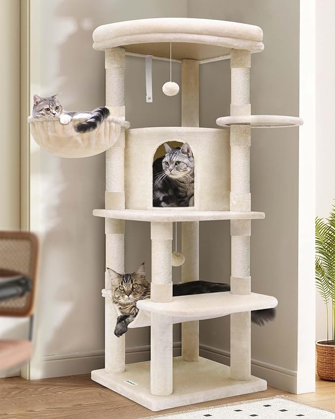 Globlazer Corner Cat Tree, 51in Curved Series Modern Cat Tower for Indoor Cats with Hammock, 7 Sisal Scratching Posts, Large Fan-Shaped Platform for Large Cats, Cat Condo & Hanging Basket, C51, Beige-Mewly Pet