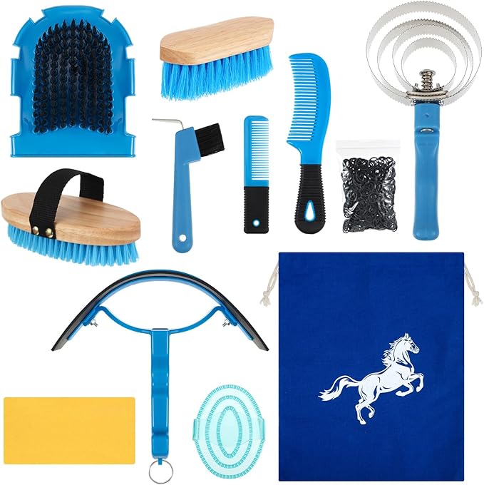 Abbylike 12 Pieces Horse Grooming Kit Racing Festival Tack Room Supplies Horse Brush Sets Equine Care Cleaning Kit Shedding Grooming Massaging Tools(Blue)-Mewly Pet