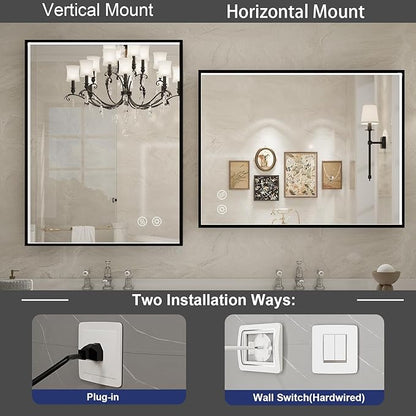 24X36 Inch LED Bathroom Mirror,Black Metal Framed Lighted Mirror,Wall Mouted LED Vanity Mirror with Lights, Stepless Dimmable, Anti-Fog, Memory(Horizontal/Vertical)