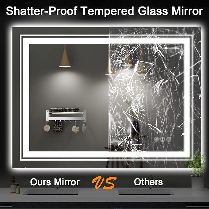 LED Bathroom Mirror, 28"x36" with Front and Backlit, Anti-Fog, Bathroom Vanity Mirror for Wall, Memory Function, Stepless Dimmable, Tempered Glass (Horizontal/Vertical)