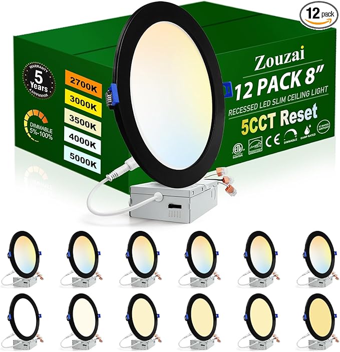 zouzai 12 Pack 8 inch 18W Eqv 150W 1685LM 5CCT Ultra-Thin LED Recessed Ceiling Light with Junction Box, 2700K/3000K/3500K/4000K/5000K Selectable,Dimmable 5%-100% - ETL and Energy Star Certified
