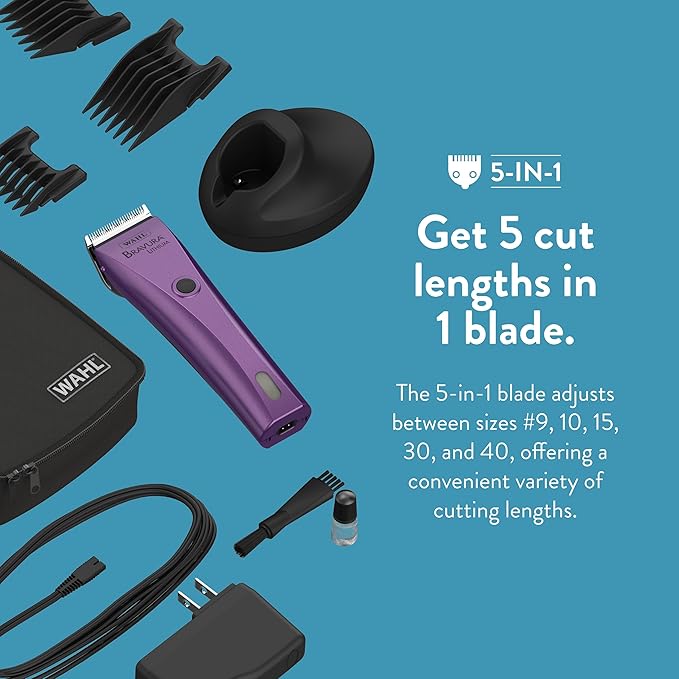 WAHL Professional Animal Bravura Lithium Ion Clipper - Pet, Dog, Cat, and Horse Corded/Cordless Clipper Kit, Purple (41870-0423)-Mewly Pet