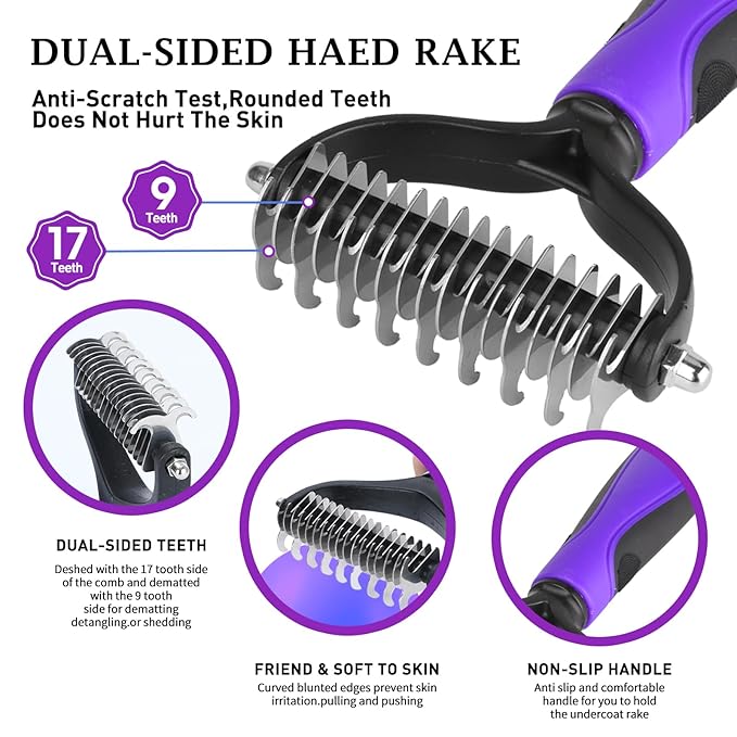 Dog Brush Kit - Self-Cleaning Slicker Brush with Bath Brush & Undercoat Rake | Deshedding Tools for Large - Small Dogs & Cats, Professional 3-in-1 Pet Grooming Set for Heavy Shedding, Blue-Mewly Pet