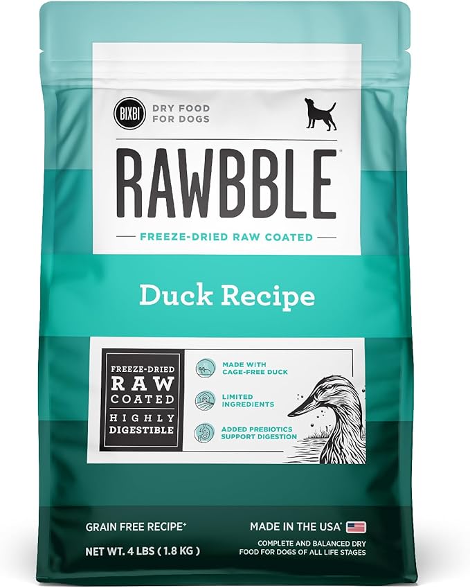 BIXBI Rawbble Dry Dog Food, Duck, 4 lbs - USA Made with Fresh Meat - No Meat Meal & No Corn, Soy or Wheat - Freeze Dried Raw Coated Dog Food - Minimally Processed for Superior Digestibility-Mewly Pet