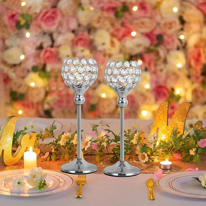 VINCIGANT Crystal Hurricane Candle Holder Silver Candlestick Set of 2 for Anniversary Celebration Coffee Table Modern Decorative Centerpieces