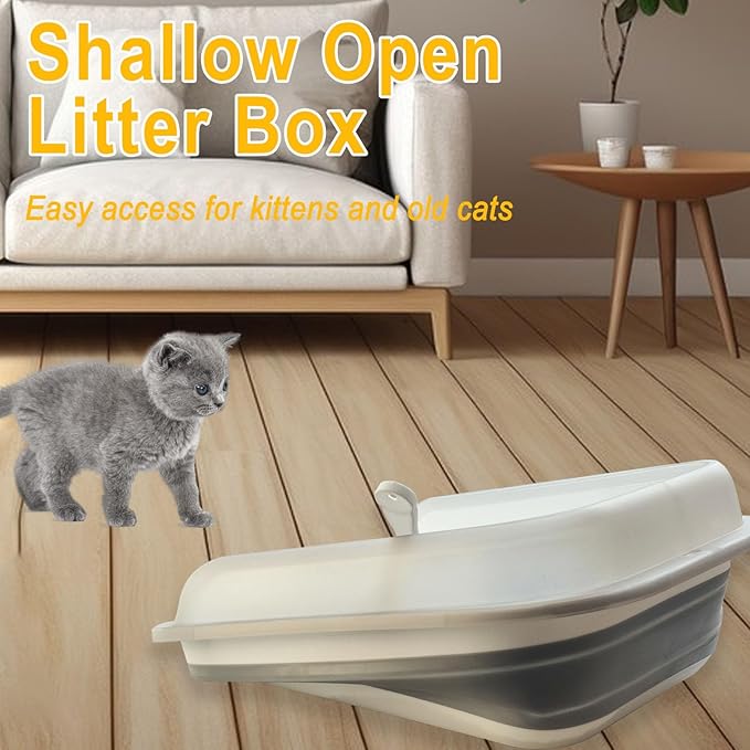 Open Cat Litter Box with High Side, 20.67 X 15.16 inch Anti-Splashing Kitty Litter Pan Collapsible Travel Litter Potty Pan Scoop Leak-Proof Pedal Cat Toilet No Smell Easy Clean (L Gray High Side)-Mewly Pet
