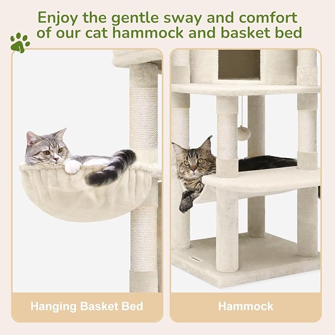 Globlazer Corner Cat Tree Tower with Scratching Post for Indoor Cats, 51in Plush Multi-Level Cat Tower with Large Hammock, Fan-Shaped Padded Perch, Spacious Cat Condo, Hanging Basket, C51, Light Beige-Mewly Pet